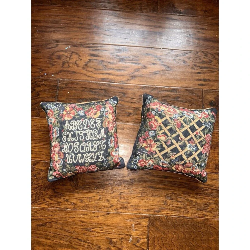 Vtg Tapestry Alphabet Sampler Accent Pillows Set Pair Cottagecore Floral Boho